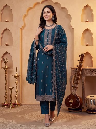 Image of INDO ERA Women's Silk Blend Embroidered Zari Work Kurta & Pant with Dupatta Set
