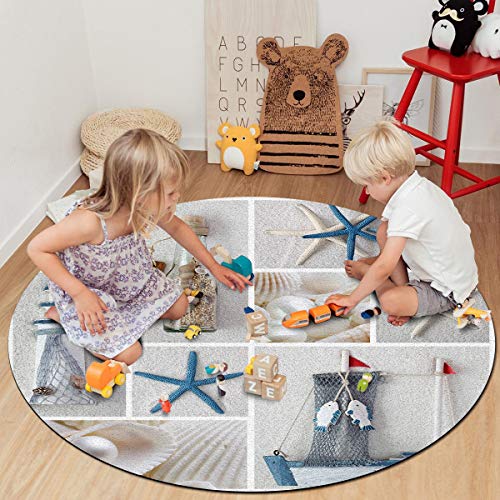 OneHoney Round Area Rugs 6 ft Tropical Coastal Beach Theme Indoor Throw Runner Circle Rug Entryway Doormat Floor Carpet Pad Yoga Mat for Bedroom Living Room Seashell Starfish - Image 4