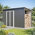 Trygoal Storage Shed 10x4 Ft with Woodshed, Large Utility Metal Tool Storage Shed with Floor and Lockable Doors, Outdoor Sheds with Air Vent for Garden, Backyard, Patio, Lawn, Dark Gray
