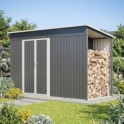 Trygoal Storage Shed 10x4 Ft with Woodshed, Large Utility Metal Tool Storage Shed with Floor and Lockable Doors, Outdoor Sheds with Air Vent for Garden, Backyard, Patio, Lawn, Dark Gray
