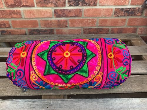 Nackenrolle Boho-Kissenbezug aus Baumwolle, 46 x 18 cm, rund, zylindrisch, für Yoga, Meditation, Reisen, Bodenkissen, bestickt, Rücken-Nacken-Mutterschaftskissenbezug [Nur Abdeckung] (Rose)