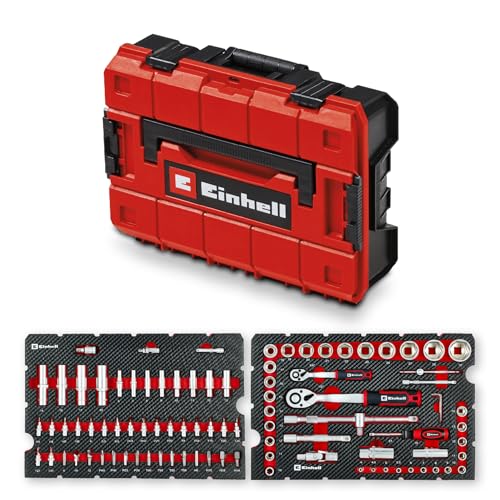 Original Einhell E-Case 92-tlg. Werkzeugkoffer Werkstatt (Werkstattausstattung KFZ-Stecknüsse Bit-Zubehör Stecknuss-Set Umschaltknarren Sechskant-Stiftschlüssel Systemkoffer)