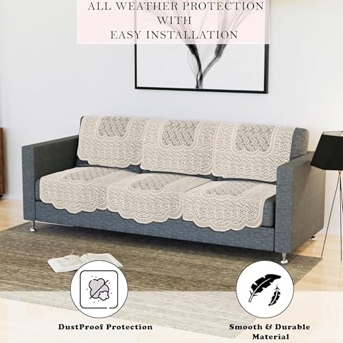 Image of Kuber Industries Sofa Cover | Net 5-Seater Sofa Cover | Sofa Slipcover for Living Room, Home Decor | 10 Pices | Zig Zag Print-Cream