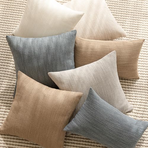 Image of Foindtower Set of 2 Decorative Textured Burlap Linen Throw Pillow Covers Farmhouse Boho Cushion Cover Solid Accent Pillowcase for Couch Sofa Bed Living Room Home Decor,18x18 Inch,Blue Gray