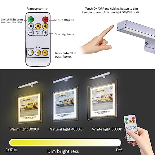 Image of Wierelss Picture Light,16inch Picture Light Battery Operated,Remote Control Painting Light with Timer and Dimmable, Full Metal Dartboard Light for Portrait,Display,Wall,Artwork,Gallery,Silver