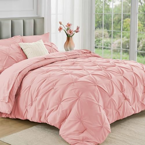 JOLLYVOGUE Queen Comforter Set 7 Pieces - Bed in a Bag Queen for All Season Pintuck Bedding Comforter Sets with Comforter Flat Sheet Fitted Sheet and Pillowcases & Shams Pink