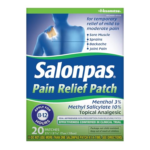Salonpas Pain Relief Patch, 20 Count , Up to 12 Hours Temporary Relief of Mild to Moderate Pain, Backache, Sore Muscle, - Detailed View