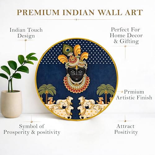 Image of Krishna Pichwai Round Framed Wall Art Painting For Living Room | Religious Shrinathji Spiritual Vastu Wall Art Painting With Frame For Home, Bedroom, Temple & Office, 16 Inch