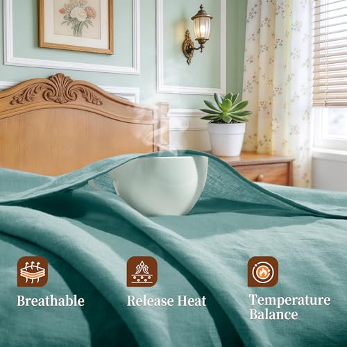 Image of 100% Pure Linen Sheet Set for Hot Sleepers, Breathable Natural Linen Sheets 4pcs, Bedding Set Deep Pocket Up to 16 inch Moisture-Wicking, Softens with Every Wash (Aqua Full)