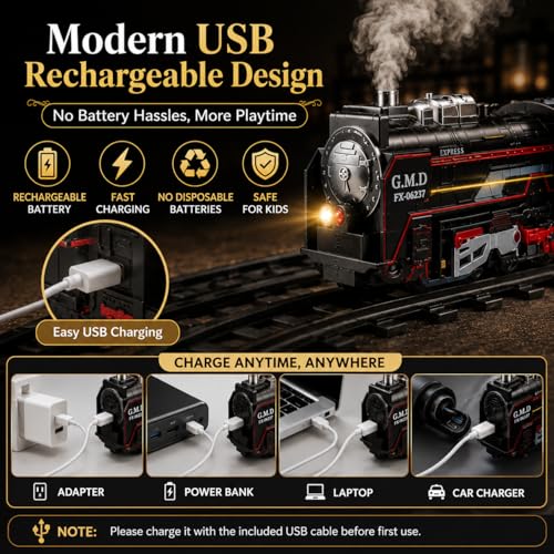 Image of Classic Toy Train Set for Kids 3-8, Electric Steam Train with Real Smoke, Lights and Sounds, DIY Railway Tracks, Battery Operated Passenger Train Play Set, Vintage Black