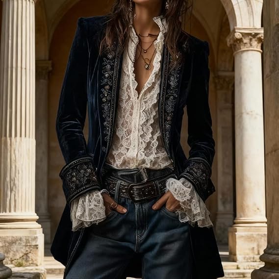 Women's Velvet Floral Embroidered Blazer Jacket Vintage-Inspired Tailored Long-Sleeve Coat - Image 2