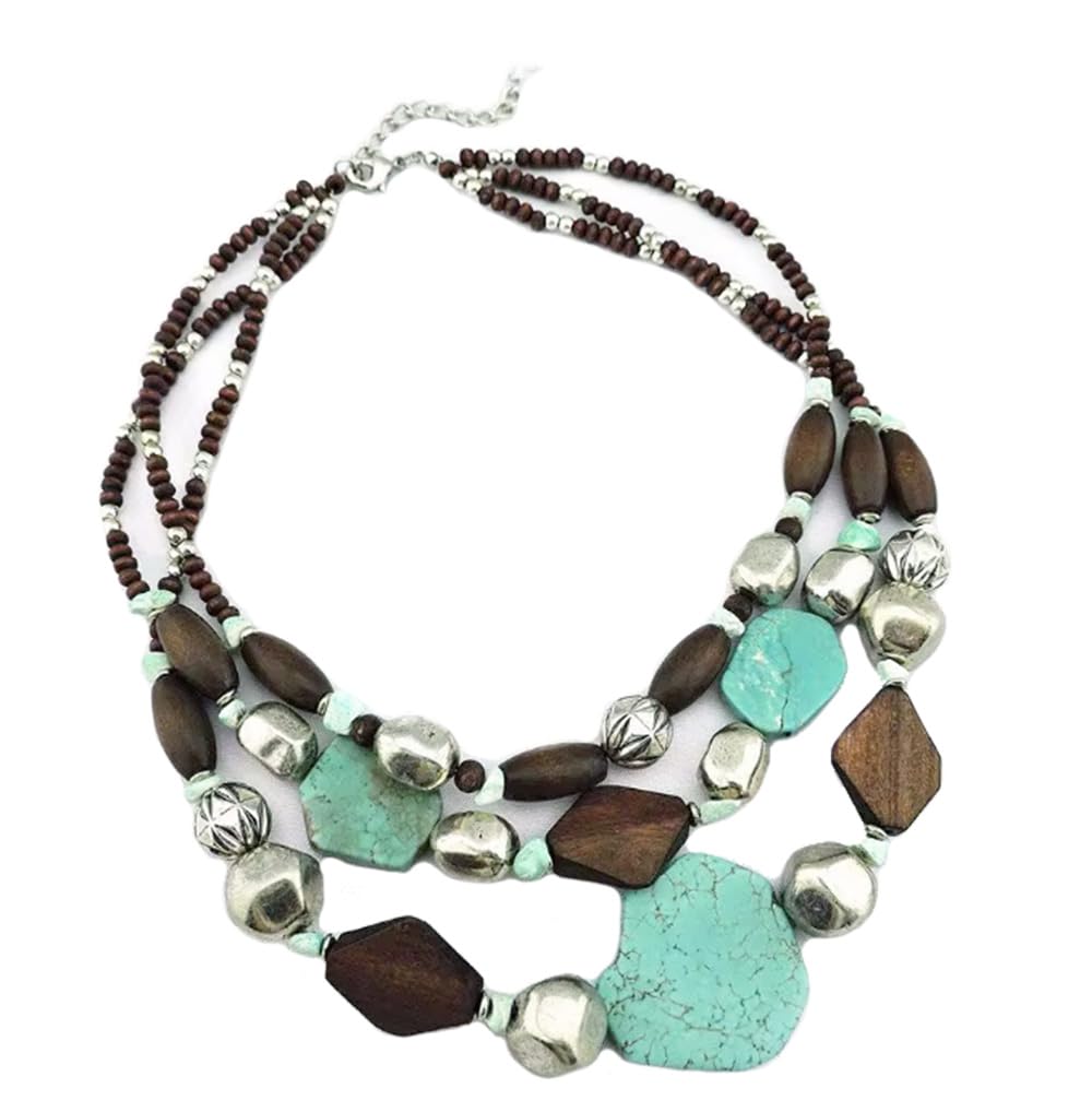 Secret for Longevity Triple Strand Resin Turquoise, Silver, Wood Neutral Earth Tones Big Chunky Western Style Statement Necklace