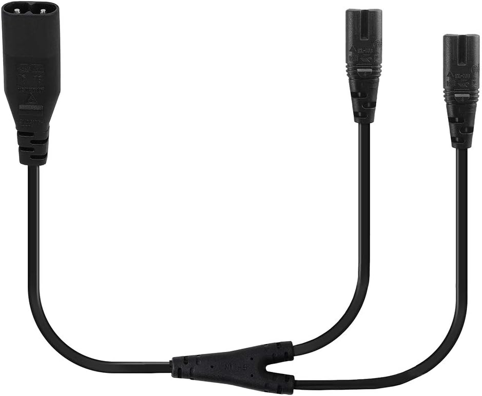 1-Foot IEC 320 C8 to Dual C7 Y Split Power Cord, 18-AWG Figure 8 Male to Double Female 1 in 2 Out AC Power Cord, Figure 8 Male to 2 x Female Power Y Cable.