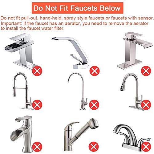 Stainless Steel Faucet Water Filter - Filtration System, Large Water Flow, Water Purifier, Reduce Chlorine, Lead Reduction, Double Outlet, Fits Standard Faucets (2 Filter Cartridges Included)