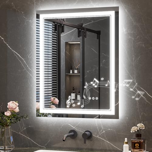 Keonjinn 24 x 30 Lighted Mirrors for Bathroom Wall with Bluetooth Speaker Frontlit & Backlit LED Bathroom Mirror Bluetooth Mirror Bathrooms with Dimmable 3-Color Lights Tempered Glass Anti-Fog