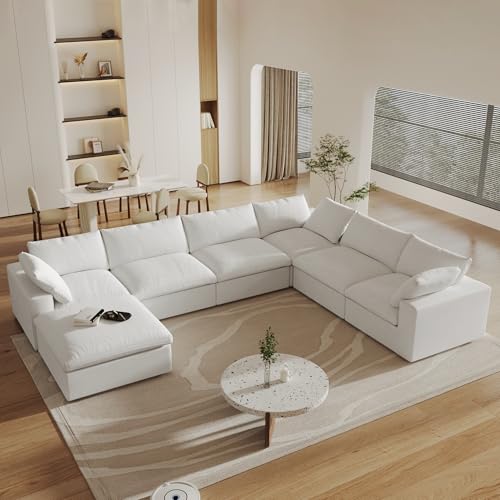 Image of 160 inch Cloud Couch Modular Sectional Sofa for Livingroom,Oversized Convertible Sofa with Storage Ottomans,7 Seat Wide Couches,Cushion Covers Removable,White