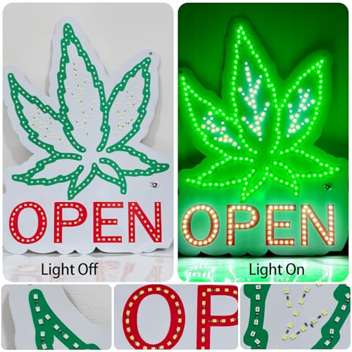Image of Weed Open Neon Sign for Business - USB Powered LED Cannabis Leaf OPEN Sign with Dimmable Switch, Acrylic Wall Light for 420 Friendly Bar, Smoke Shop, Game Room, Party Decor
