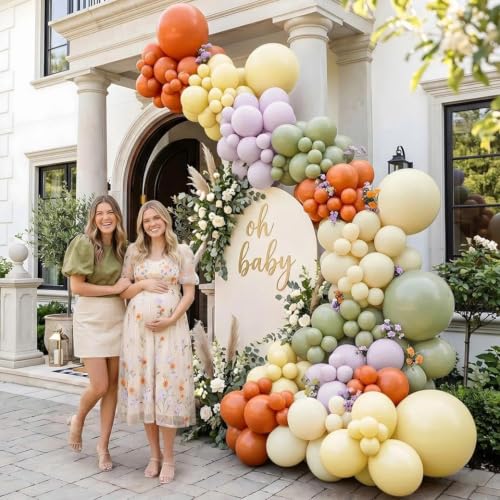 Double Stuffed Sage Green Orange Yellow Balloon Arch Garland Kit — view 2