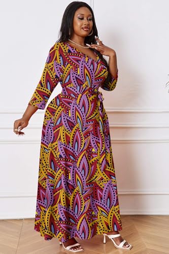 Image of Runwind Plus Size Dress for Women - 3 /4 Sleeve V Neck Maxi Dresses for Women (XL-6XL)