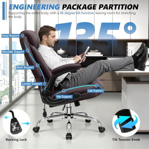 Image of Big and Tall Office Chair, Ergonomic Comfy Desk Chair with Lumbar Support | Executive Leather Computer Chair with Flip Up Arms & Rocking Function, Home Office Gaming Swivel Chair for Back Pain Relief