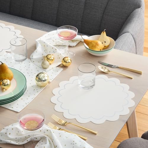 Image of kate spade new york Scallop Edge Round Reversible Placemats 6-Pack Set, Imitation Leather with Metallic Print, Water Resistant, Easy Wipe Clean, White /Silver, 15 inch Round