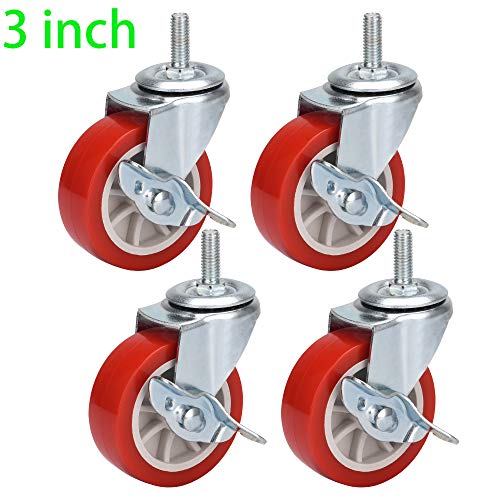 DICASAL 3 Inch Durable Heavy Duty Casters with Imperial 3/8-16x25mm Stem Thread Wear Resistant Red PVC Material Swivel Wheels Castors for Furniture Carts and DIY Tools 4 Pack - Thumbnail 5