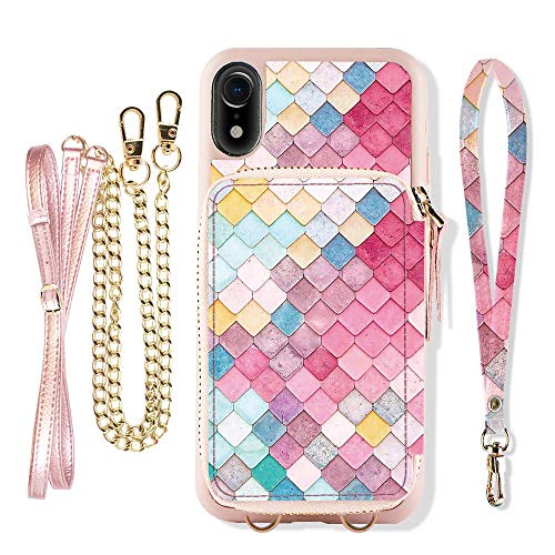 70% Off Discount iPhone XR Wallet Case ZVE iPhone XR Crossbody Wallet Case with Card Holder Slot Handbag Purse Wrist Strap Pattern Print Case Cover for Apple iPhone XR 6.1 inch - Mermaid Wall