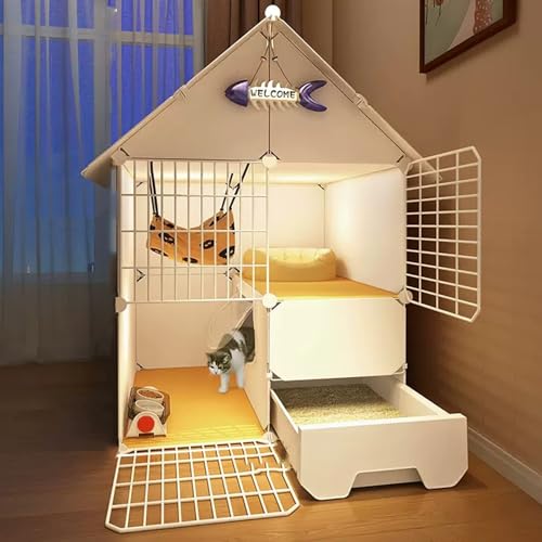 猫ケージ エンクロージャー 屋内 DIY 猫 ベビーサークル はしご&猫の巣付き、折りたたみ式猫ケージ トイレと猫ボウル付き、取り外し可能な金属ワイヤー小動物ケージ(サイズ:A-29.5*19.3*43.1インチ/75*49)