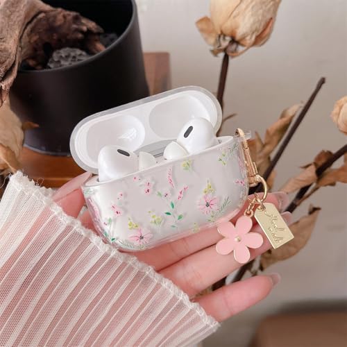 Image of MINSCOSE Compatible with AirPods Pro 2nd /1st Case Clear Case, Cute Cartoon Flower Pattern Design with Aesthetic Floral Keychain Soft TPU Protective Shockproof Cover for AirPods Pro /Pro 2-Pink