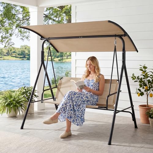 Image of Tangkula 3 Person Porch Swing, Patio Swing with Adjustable Canopy, 800 lbs Heavy-Duty Metal Frame & Breathable Fabric Seat, Outdoor Swing for Backyard Lawn Deck