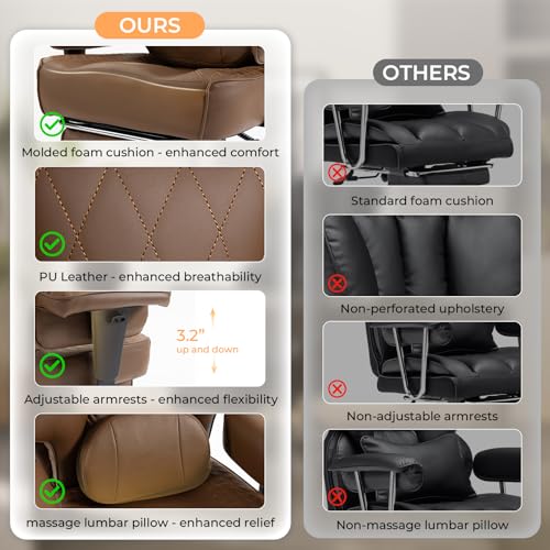 Image of Dowinx Big and Tall Office Chair 400 Lbs with Rotating Massage Lumbar Support, Wide Thick Seat Cushion and Adjustable Armrest,Computer Gaming Chairs with Footrest,Brown