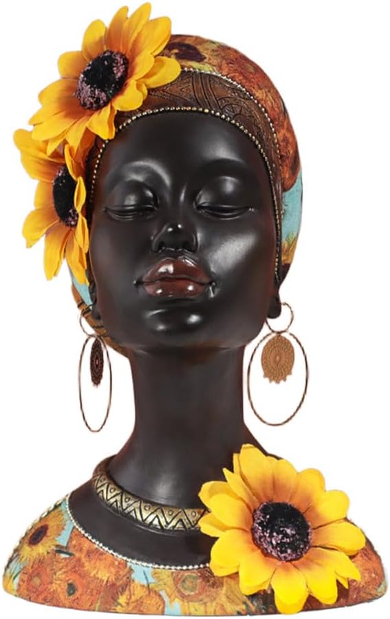 African Bust Figurine, 8.5 Inch Sunflower Decor Resin Sculpture for Home, Hand-Painted Black Statue with 3D Flowers for Desk Decor, Bohemian Office & Living Room Decor, Unique Gift Idea