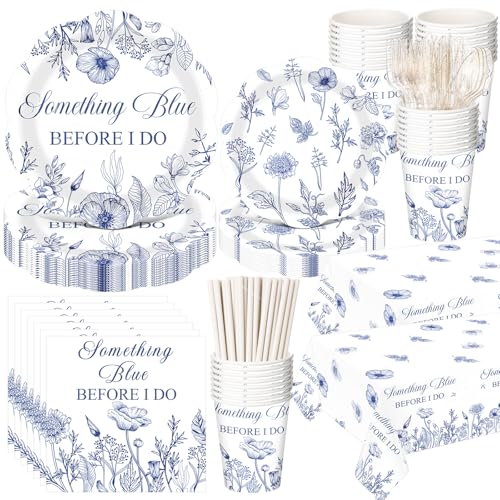 Image of Funnymoom 452 Pcs Something Blue Before I Do Bridal Shower Party Decorations Include Blue and White Floral Paper Plates Napkins Cups Tablecloth Cutlery Straws for Wedding Bridal Shower Party Supplies