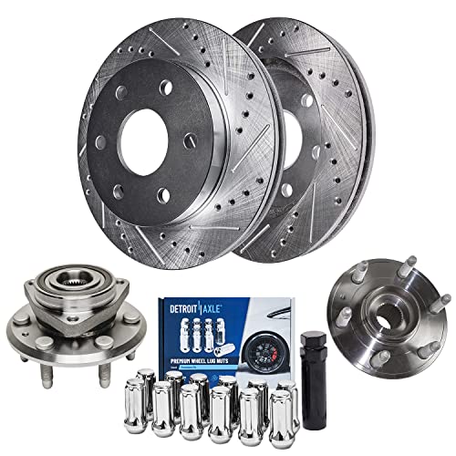 Image of Detroit Axle - Rear Brake Kit for Chevrolet Traverse GMC Acadia | Buick Enclave Saturn Outlook, Drilled & Slotted Disc Brake Rotors Wheel Bearing & Hubs Wheel Lug Nuts Socket Key Replacement