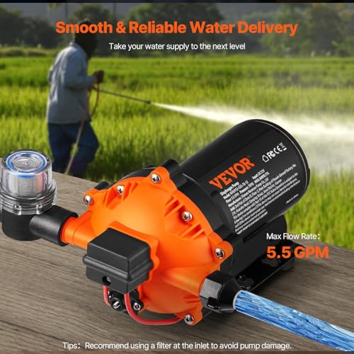 Image of VEVOR Water Diaphragm Pump, 12V DC, 5.5 GPM Flow, 70 PSI Rated Pressure (40-100 PSI Adjustable), 1 /2 inch MNPT Self Priming Sprayer Pump with Pressure Switch for RV Camper Marine Boat Lawn, FCC Certified