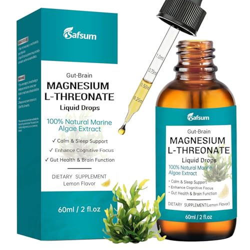 Magnesium L-Threonate Liquid Drops 1200mg Magnesium L-Threonate from Marine Algae Brain Calm & Gut Health Support with Inulin L-Tryptophan & Passionflower Lemon Flavor 60ml / 2 fl oz