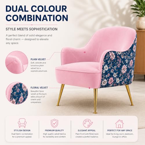 Image of Velvet Chair with Pillow for Home | Modern Accent Armchair in Soft Velvet Fabric with Golden Legs | Premium Accent Chair for Living Room Bedroom Restaurent | (Baby Pink, Big Zara)