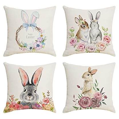 Generisch 4er Set Ostern Kissenbezug 45x45cm,Mode Hasen Blumen Ostereier Leinen Dekokissen Cases Home Kissenbezug FrüHling 40x40 Kissen FrüHling FüR Wohnzimmer Sofa BüRo Auto Dekor