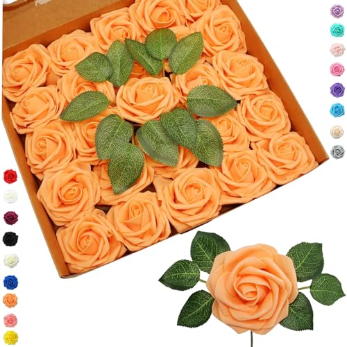 COSORO 25 pièces Fleurs Artificielles Roses Artificielles Orange,Mousse Faux Roses avec Tiges Décoration Florale pour Anniversaire Mariage Gâteau Fête...
