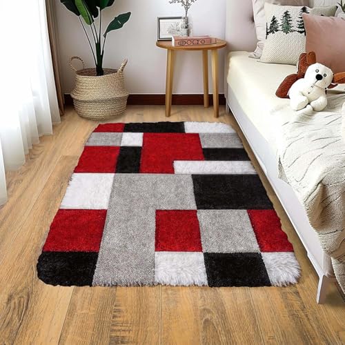 Image of Carpet for Hallway, Kitchen, and Modern InteriorsCarpetCozy Shag Runner for Living Room, Bedroom & Office Decor ETC Size 3x5 feet, Patten-Solid Red Box