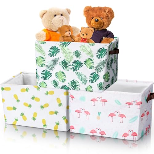 Maxcheck 3 Pcs Summer Rectangle Storage Basket with Handles Cute Canvas Organizer Bin Flamingo Pineapple Leaves Collapsible Storage Box Gift Basket for Nursery Kids Room Closet, 15 x 11 x 9.5 Inch
