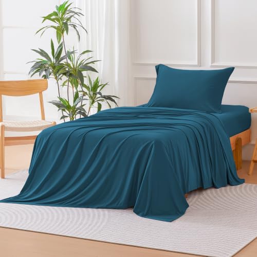 Image of Amazon Basics Jersey Knit 3-Piece Sheet Set, Wrinkle Resistant and Easy Fit, Includes 16 inch Deep Pocket Fitted Sheet, 1 Flat Sheet and 1 Pillowcase, Twin, Dark Teal