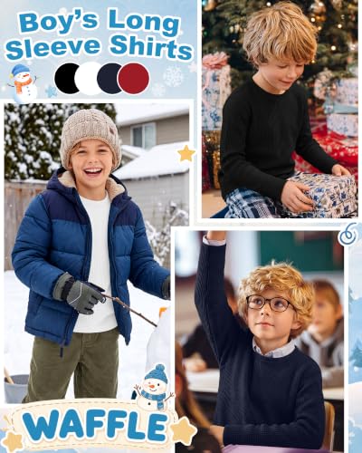 Image of 4 Pack Boys Long Sleeve Waffle Shirts | School Sweaters for Boys, Waffle Knit Thermal Shirts, Crewneck Thermal Casual Tops, Fall, Winter, Kids Clothes for 5-14 Y