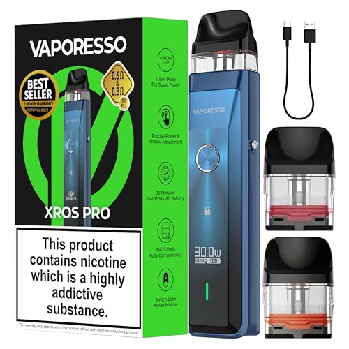 Vaporesso Xros Pro Pod Vape Kit [Blue] - Available in 9 Colours - 1200mAh Battery 2A Fast Charging (35 Min) 30W Output First Super Pulse Pod - Works with all XROS Pods - No Nicotine (Blue)
