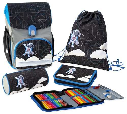 EBERHARD FABER 577653 - EFAlino Schulranzen Set Astronaut, 4-teiliges Set mit Rucksack, Turnbeutel, Schlamperrolle und Federmäppchen