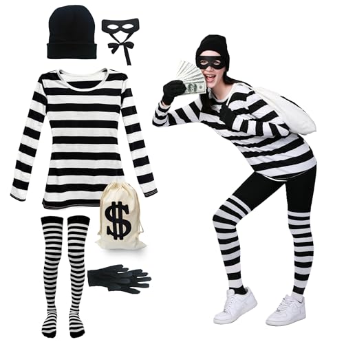 Women's Robber Costume Set Cosplay Thief Accessories for Halloween Party Black and White Striped Knit Beanie Cap Cosplay Burglar Accessories XL