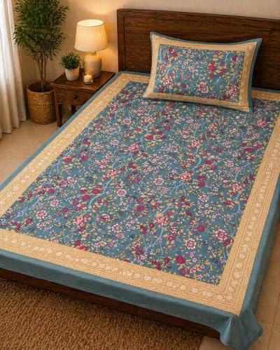 Image of Mafatlal 144 TC Heritage Pure 100% Cotton Twin Bed Sheet with Pillow Cover (90x60 inches) | Bedsheet for Single Bed Cotton, Jaipuri | Navy Blue