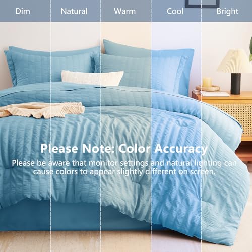 Image of CozyLux Full Size Comforter Sets Sky Blue, 7 Pieces Seersucker Textured Luxury Bed in a Bag, All Seasons Soft Bedding Sets with Down Alternative Comforter, Sheets, Pillowcases & Shams, Bedroom Bed Set
