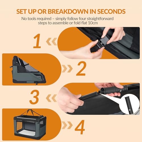 Fobyfurny Hundebox Faltbar, Hundetransportbox Tragbare mit 3-Türen, 60 x 42 x 42 cm, Transportbox Hund Atmungsaktiv, Reflektierenden Verzierungen und Taschen, Oxford-Gewebe, Grau, FPDT001OG1