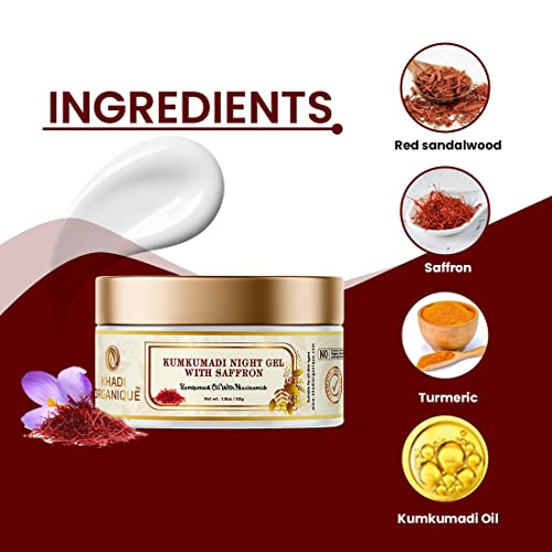 Image of Khadi Organique Kumkumadi Night Gel with Saffron, Turmeric & Red Sandalwood | Reduces Dark Spots, Pigmentation & Wrinkles | Ayurvedic Face Cream for Glowing, Bright, Youthful Skin - 50gm